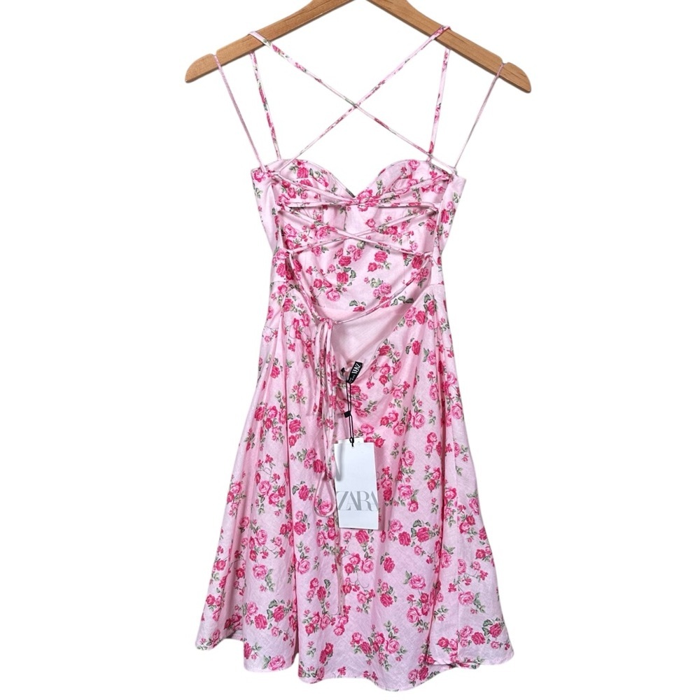 ZARA Dainty Floral Linen Fit & Flare Strappy Mini Dress - Picture 6 of 15